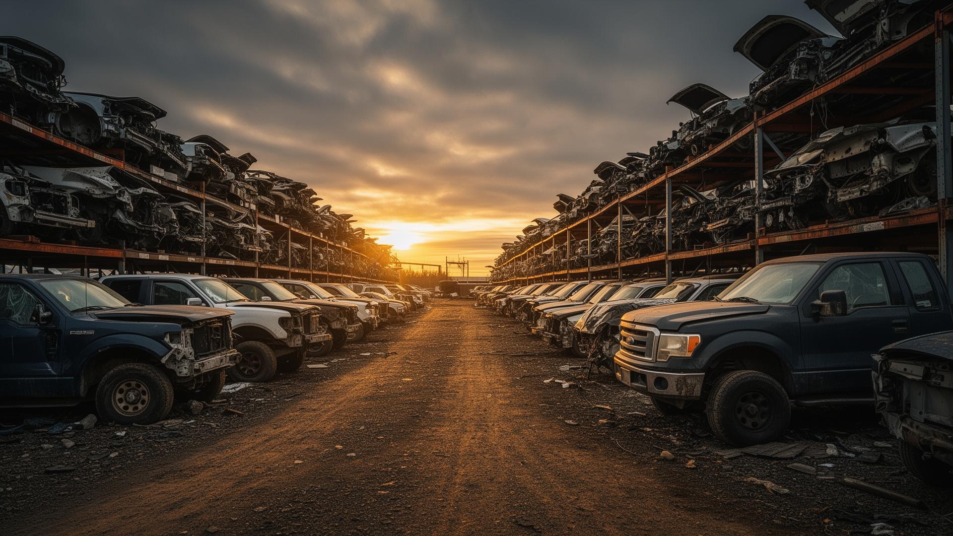 Second Chance Auto Parts yard at sunset